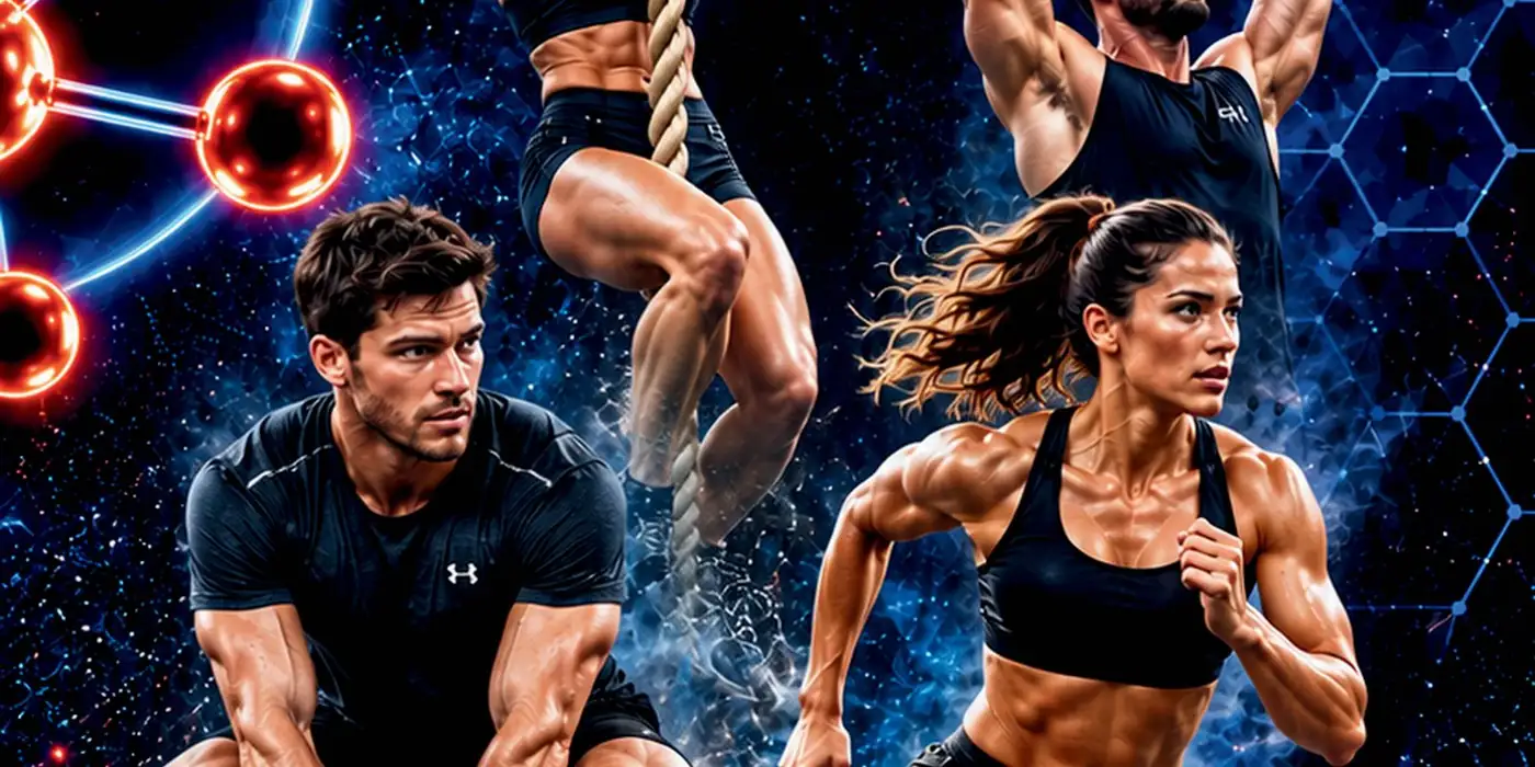 Athletes mid-session: rope climb, sprint, and overhead lift